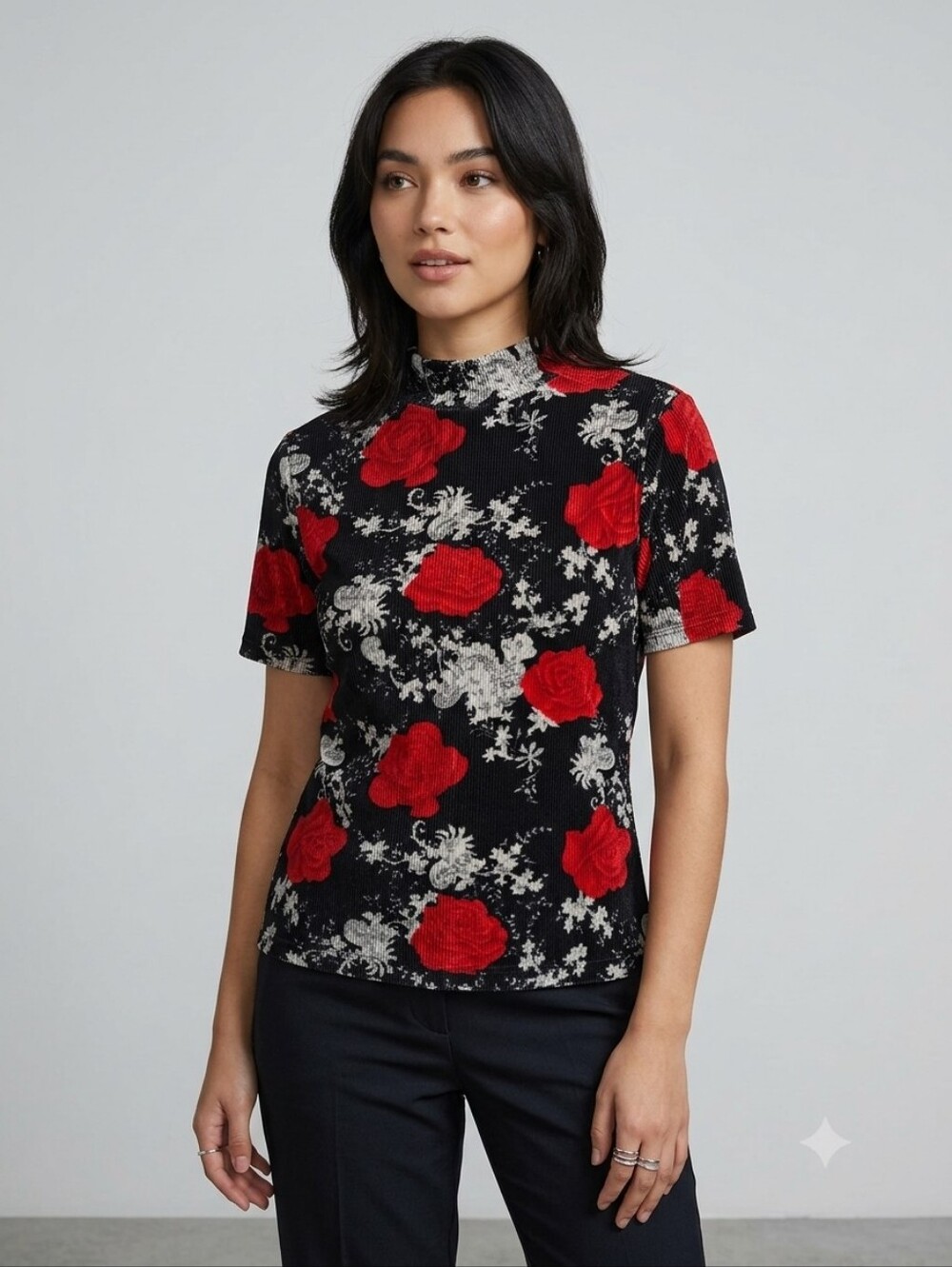 ​Vintage 90s Rachel Green Style Rose Print Ribbed Velour Mock Neck Top L